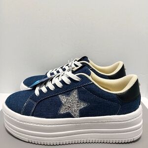 Belos Denim & Glitter Star Platform Sneakers, NWT, Size 9|‎ EUR 40
